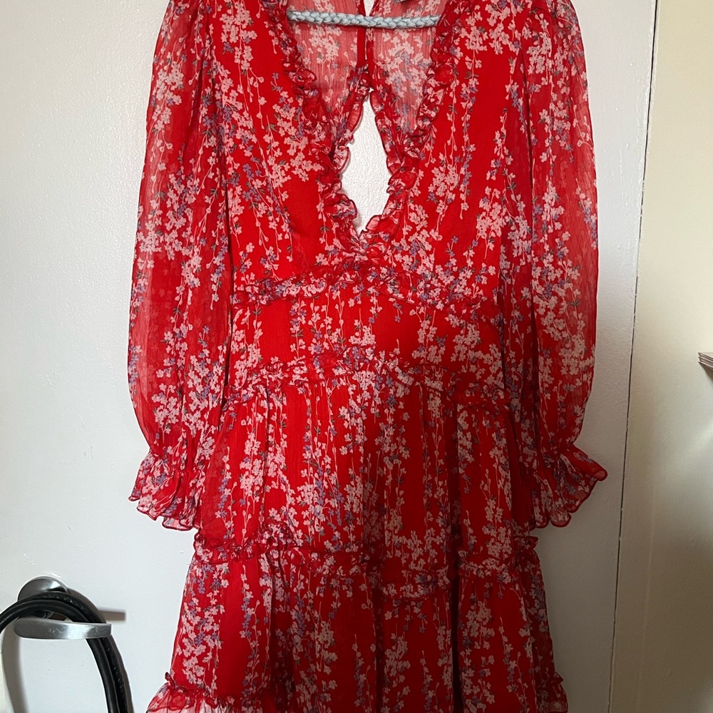 Stunning Boho Floral Print Chiffon Red Dress